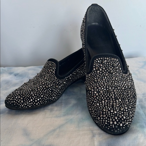 Stuart Weitzman Shoes - Stuart Weitzman Black Grey Suede Silver Gunmetal Studded Loafers 6
